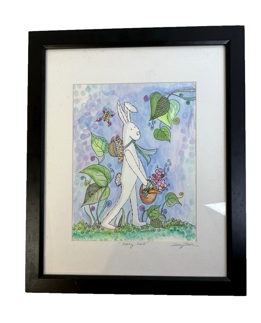 'Fairy Tale' Watercolor Art Sherry Hair Signed Framed 18 x 23 BunnyPastel F;pral